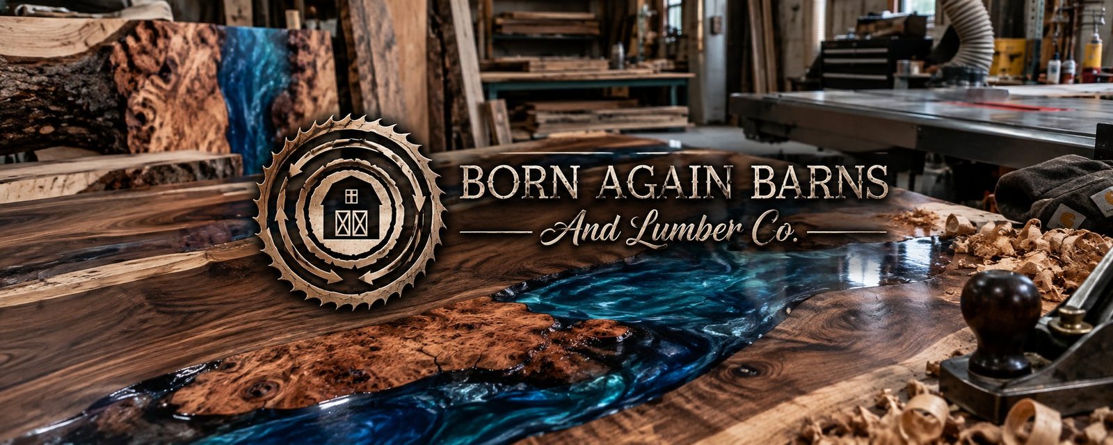 Born Again Barns and Lumber Co. logo over a walnut and blue epoxy river table in the workshop