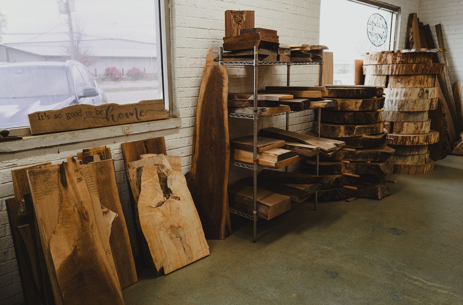 Our Antioch showroom with live edge slabs, slab rounds and finished pieces